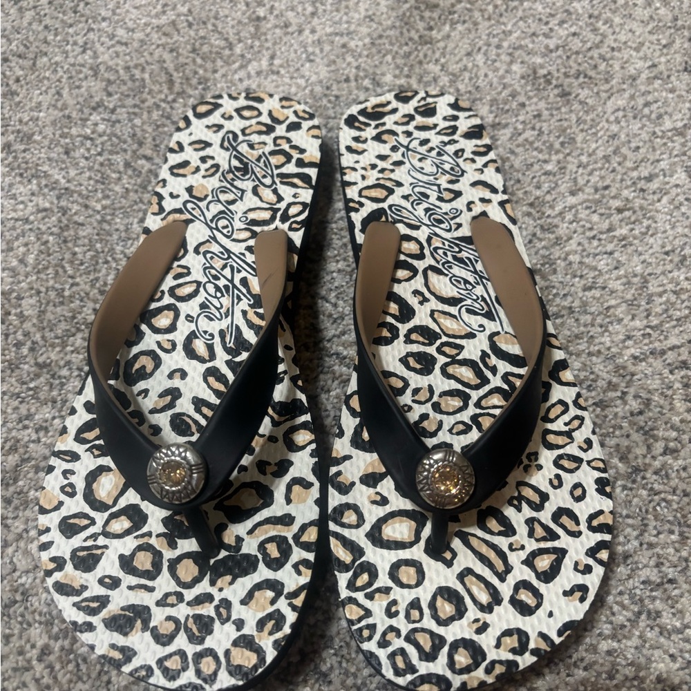 Brighton Leopard Print Flip Flops with Black Straps and Tan Accents